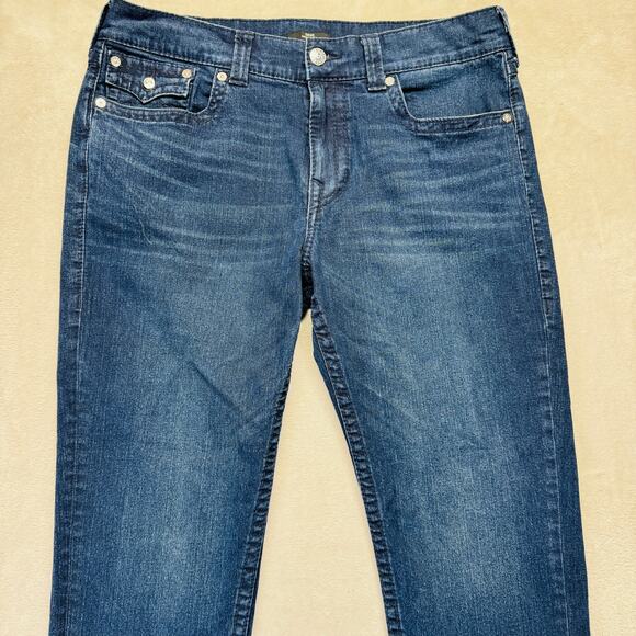 True Religion Jeans Men 36 Dark Wash Blue Denim Geno Big T Flap Relaxed Slim 30" - Picture 2 of 14